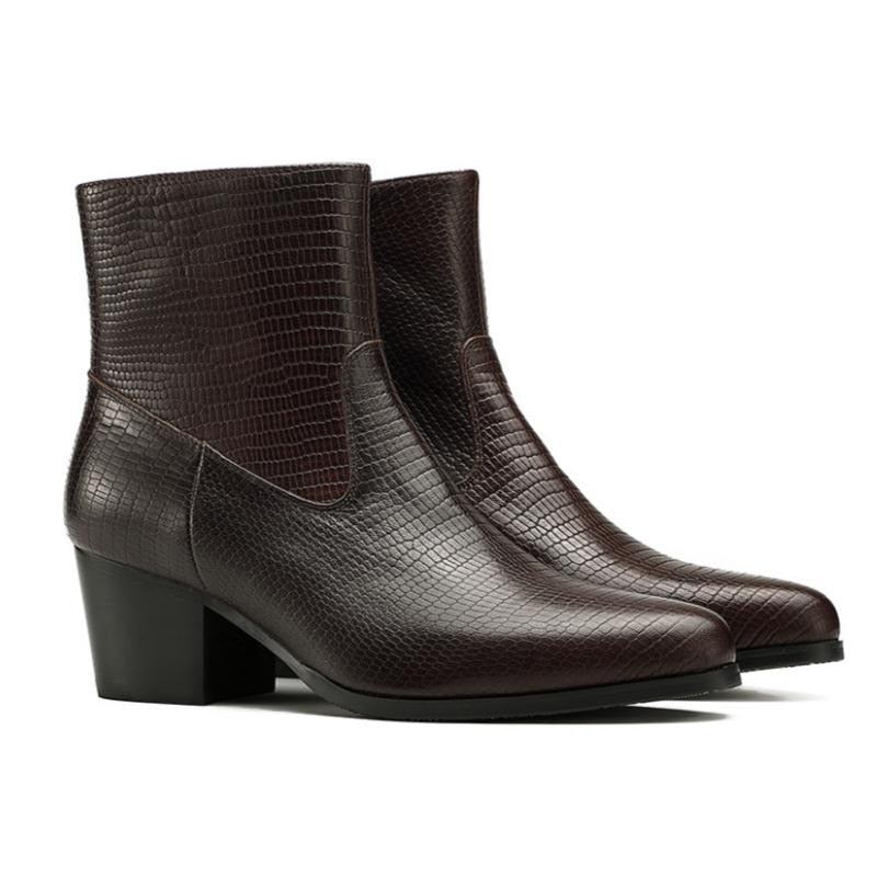 Bottines Chelsea À Talons Hauts Pour Hommes En Cuir Gaufré De Qualité Tendance Automne Et Hiver - Café À L'Intérieur Du Cuir 