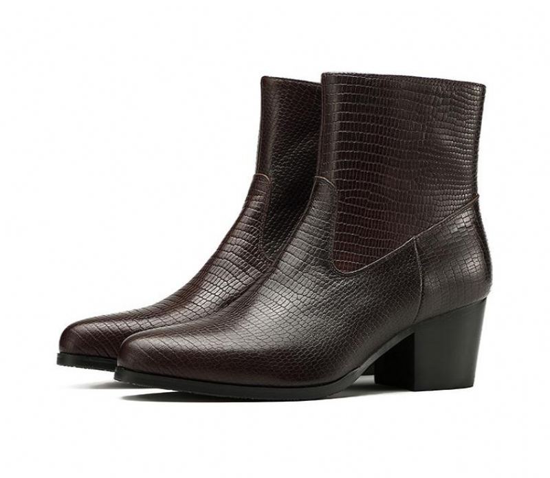 Bottines Chelsea À Talons Hauts Pour Hommes En Cuir Gaufré De Qualité Tendance Automne Et Hiver - Café À L'Intérieur Du Cuir 