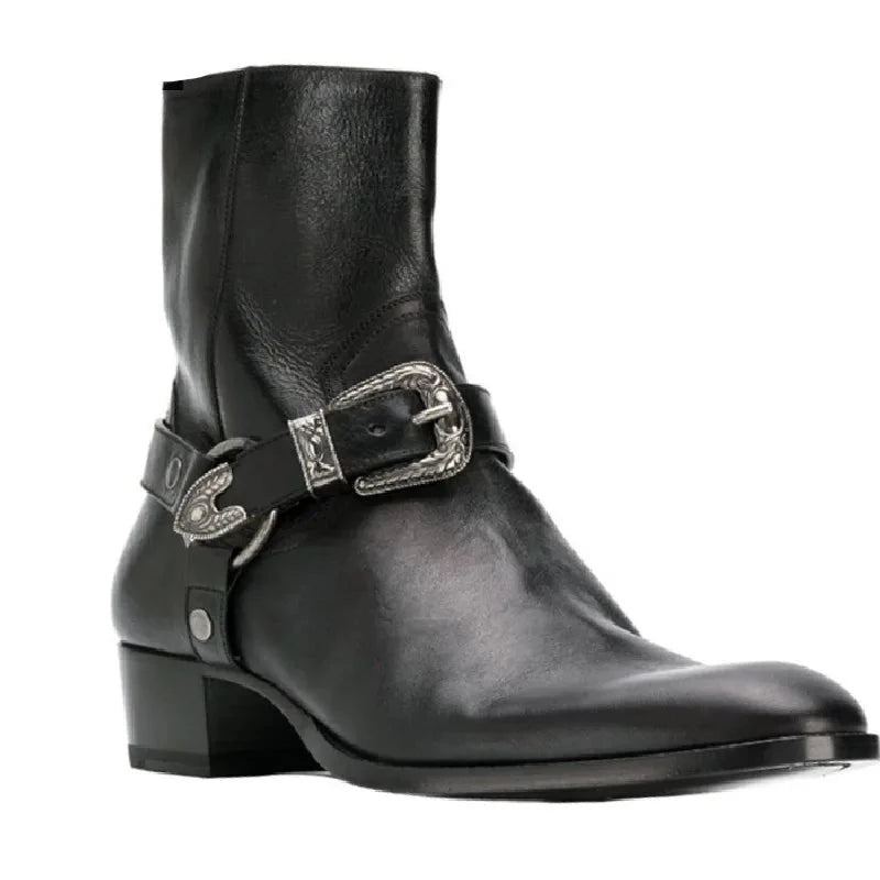 Bottines Montantes En Cuir Véritable Pour Hommes Gothiques Avec Fermeture Éclair Bout Pointu Bottes Chelsea Augmentées - Noir