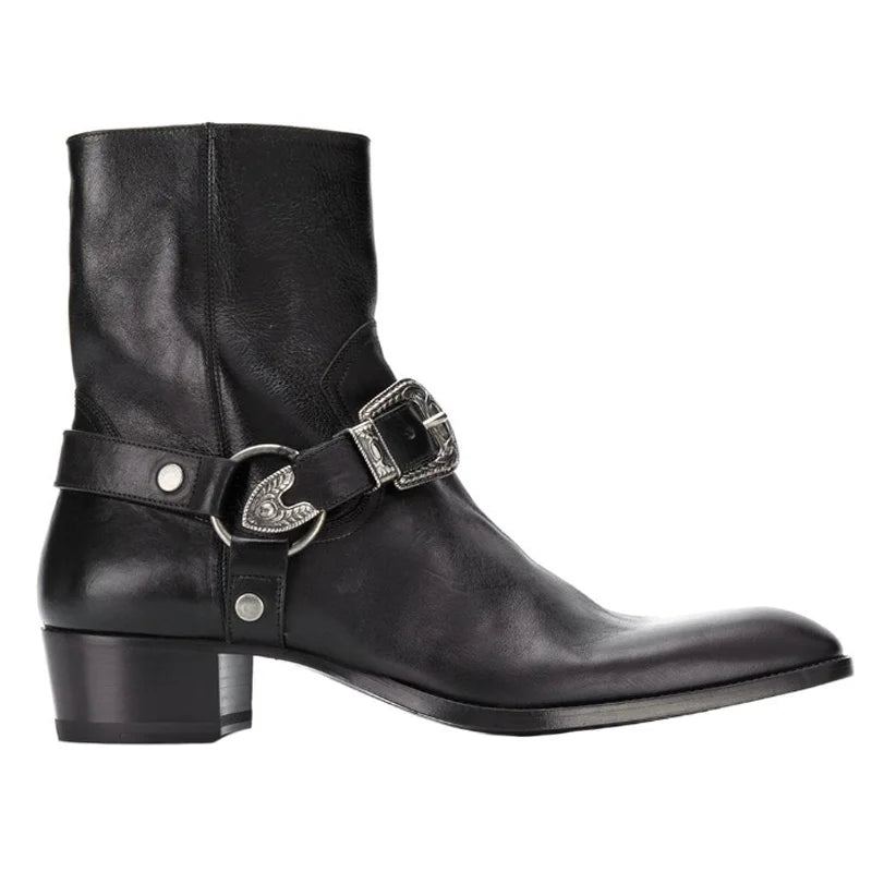 Bottines Montantes En Cuir Véritable Pour Hommes Gothiques Avec Fermeture Éclair Bout Pointu Bottes Chelsea Augmentées - Noir