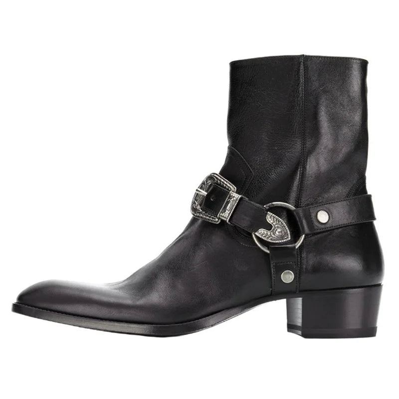 Bottines Montantes En Cuir Véritable Pour Hommes Gothiques Avec Fermeture Éclair Bout Pointu Bottes Chelsea Augmentées - Noir