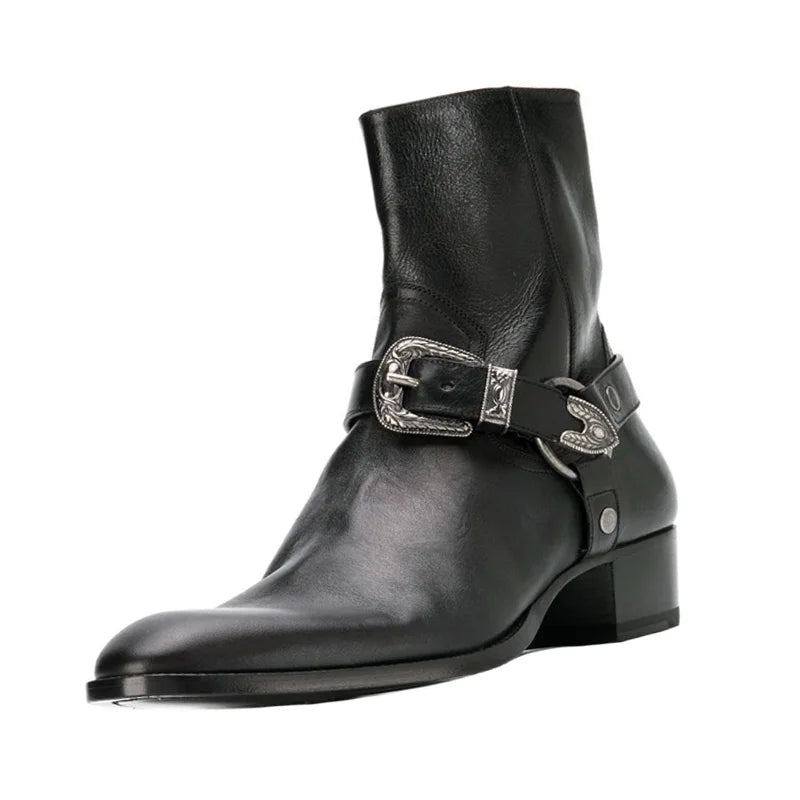 Bottines Montantes En Cuir Véritable Pour Hommes Gothiques Avec Fermeture Éclair Bout Pointu Bottes Chelsea Augmentées - Noir