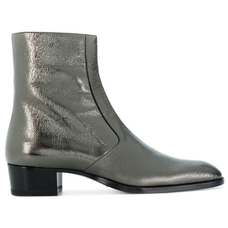 Bottines Sexy En Cuir Véritable Argenté Pour Hommes Talons Hauts Compensés Bout Pointu - Argent