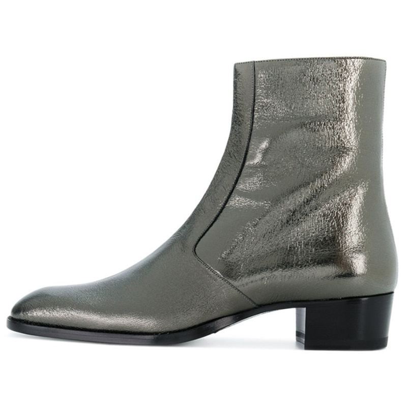 Bottines Sexy En Cuir Véritable Argenté Pour Hommes Talons Hauts Compensés Bout Pointu - Argent