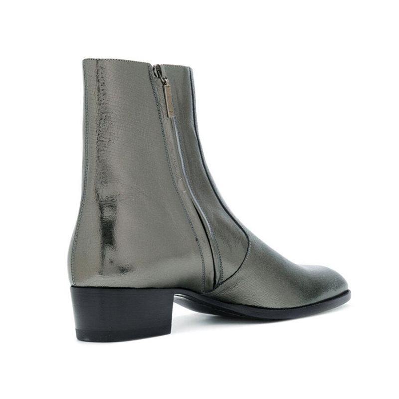 Bottines Sexy En Cuir Véritable Argenté Pour Hommes Talons Hauts Compensés Bout Pointu - Argent