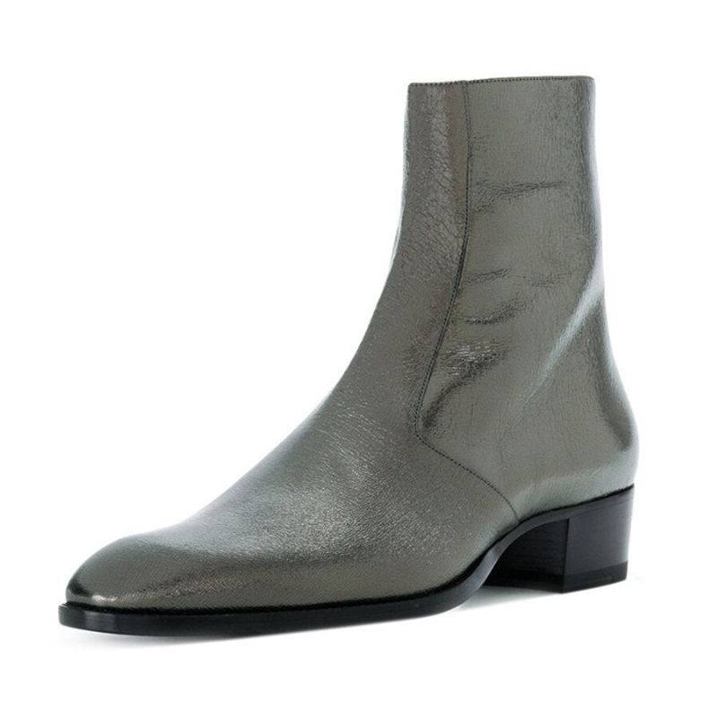 Bottines Sexy En Cuir Véritable Argenté Pour Hommes Talons Hauts Compensés Bout Pointu - Argent