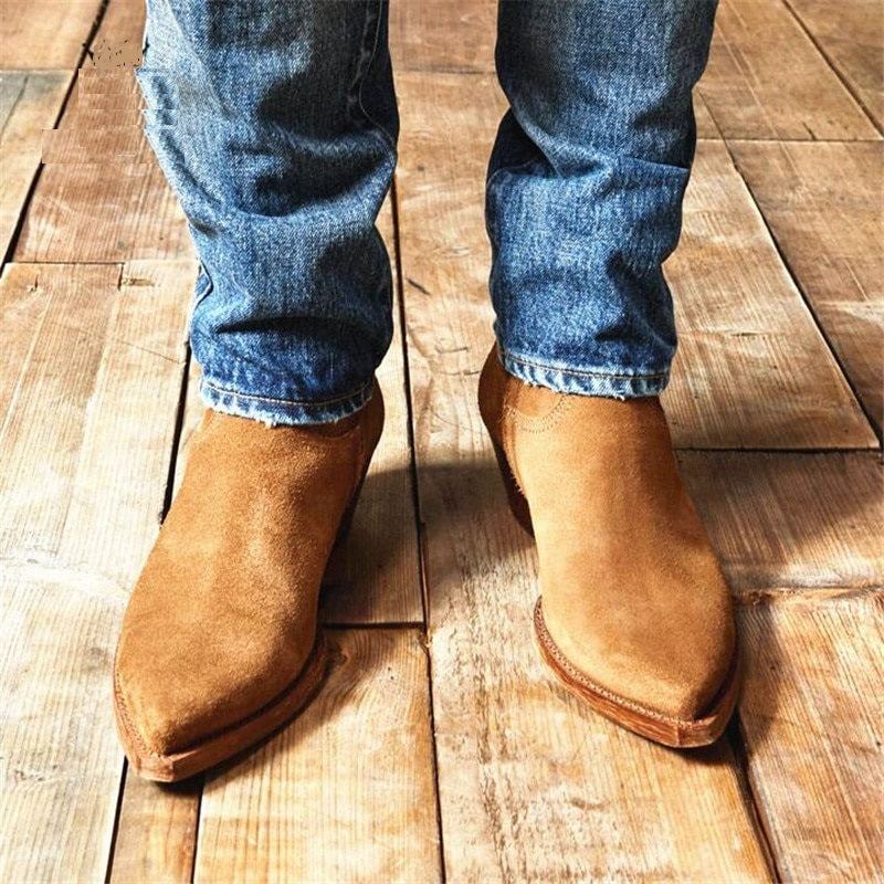 Bout Pointu 5 cm Talon Compensé Homme Slip Serré Daim Cuir Fermeture Éclair Bottines Haute Qualité Hommes Denim Bottes - Marron