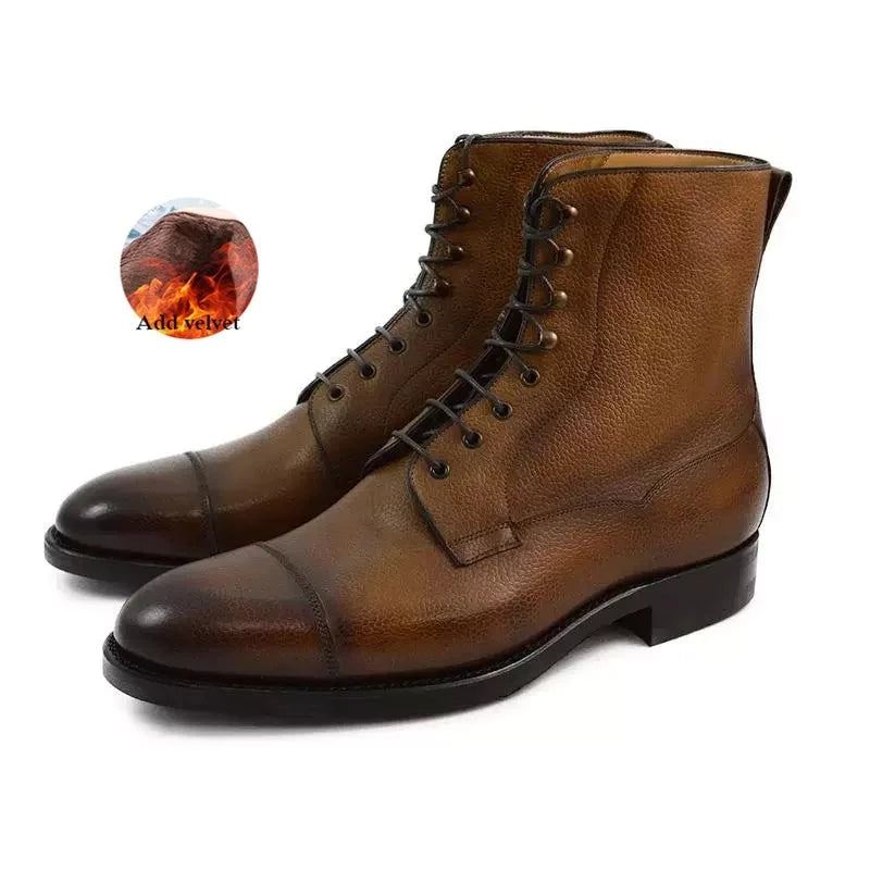 Chaussures D'hiver En Velours Pour Hommes Bottes De Travail À Lacets Meilleures De Styliste En Cuir Véritable Antidérapantes - Marron