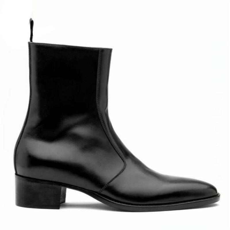 Chaussures De Luxe En Cuir Véritable Pour Hommes Montantes Faites À La Main Harry Fermeture Éclair Latérale Bota Chelsea - Noir