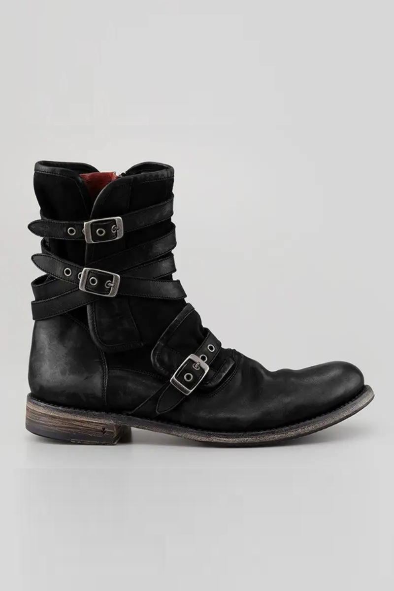 Chaussures Punk Rétro En Cuir Bout Rond Avec Boucle Fermeture Éclair Talon Épais Bottes Courtes Pour Hommes