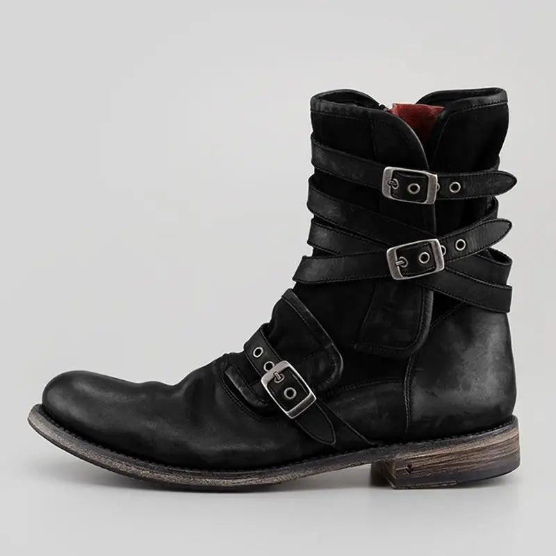 Chaussures Punk Rétro En Cuir Bout Rond Avec Boucle Fermeture Éclair Talon Épais Bottes Courtes Pour Hommes - Noir