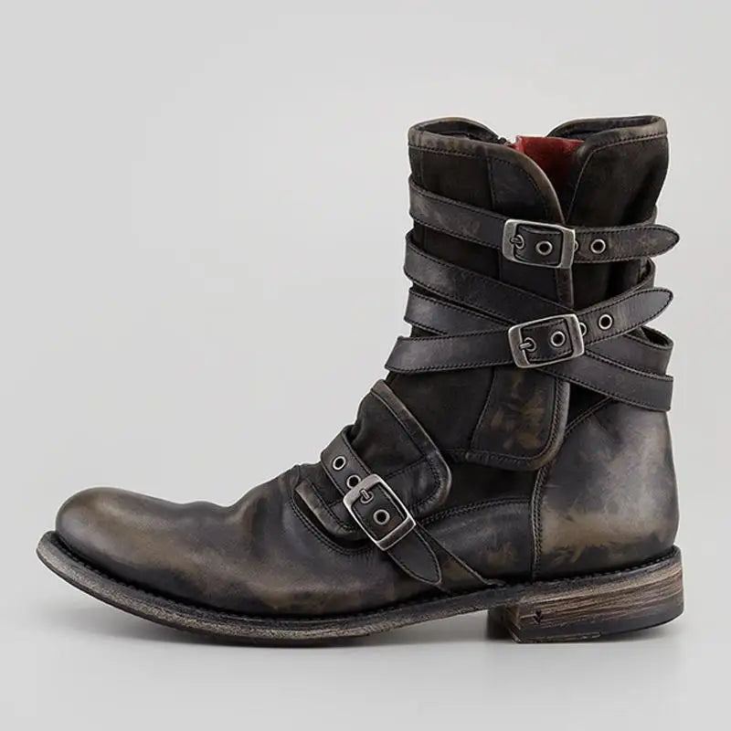 Chaussures Punk Rétro En Cuir Bout Rond Avec Boucle Fermeture Éclair Talon Épais Bottes Courtes Pour Hommes - Noir