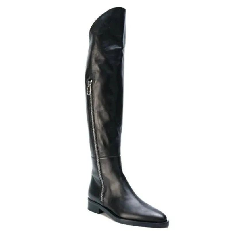 Cuir Véritable Fermeture Éclair Latérale Hommes Genou Haute Cool Bottes Appartements Chelsea Chaussures - Noir