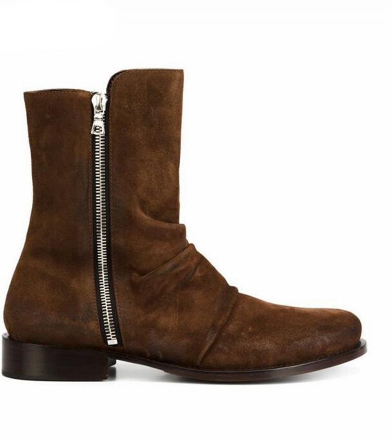 Haut De Gamme Fait À La Main Personnalisé De Demin Bottes Hommes En Cuir Véritable Daim Plis Chelsea - Jaune