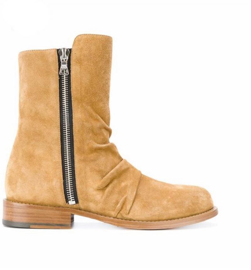 Haut De Gamme Fait À La Main Personnalisé De Demin Bottes Hommes En Cuir Véritable Daim Plis Chelsea - Jaune