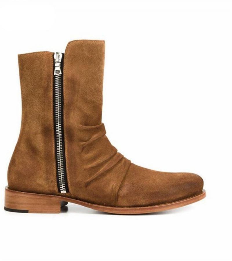 Haut De Gamme Fait À La Main Personnalisé De Demin Bottes Hommes En Cuir Véritable Daim Plis Chelsea - Jaune