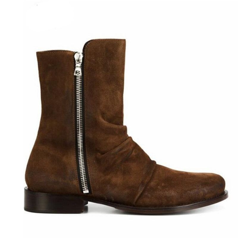 Haut De Gamme Fait À La Main Personnalisé De Demin Bottes Hommes En Cuir Véritable Daim Plis Chelsea - Jaune