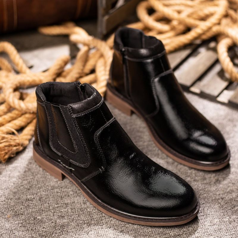 Hommes Bottes En Cuir Automne Hiver Style Vintage Cheville Courte Chelsea Botte Homme Chaussures - Noir