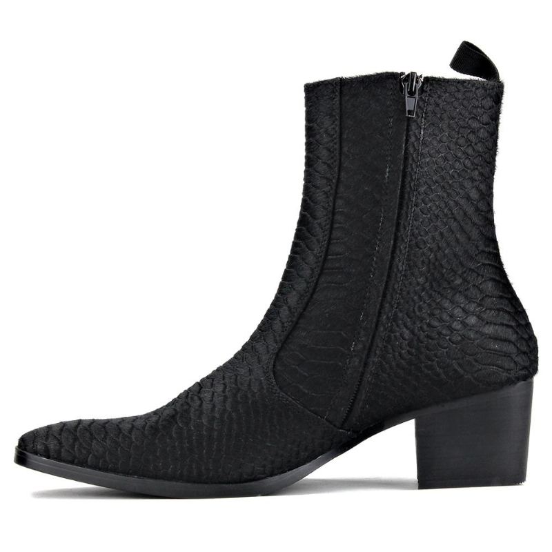 Hommes Chelsea Bottines En Cuir De Cheval Véritable Imprimé Crocodilien Botte De Crin De Avec Bottes À Talons À Glissière Latérale Chaussures De Créateur - Noir