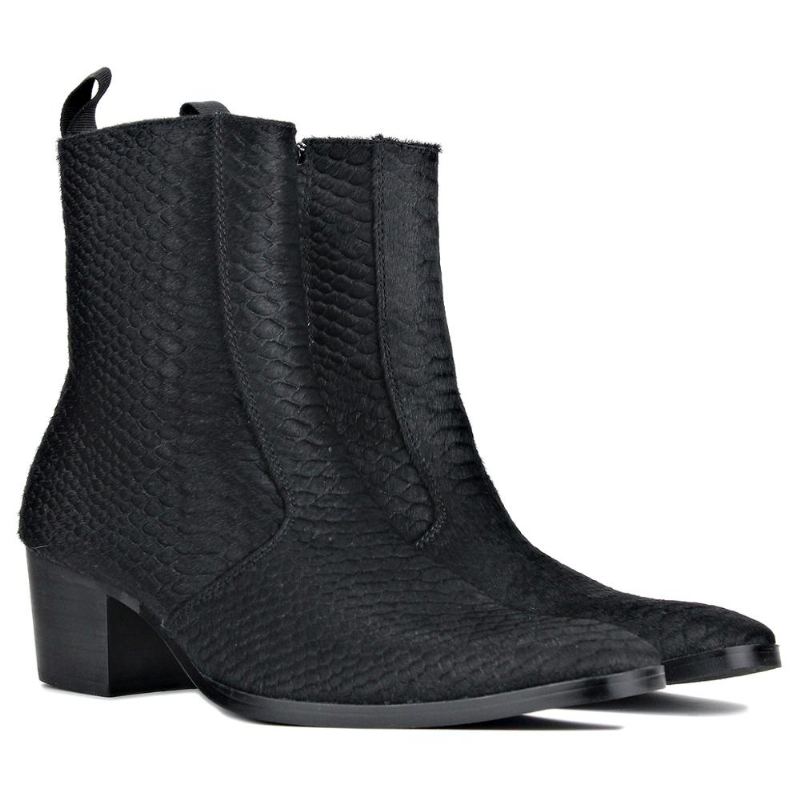 Hommes Chelsea Bottines En Cuir De Cheval Véritable Imprimé Crocodilien Botte De Crin De Avec Bottes À Talons À Glissière Latérale Chaussures De Créateur - Noir