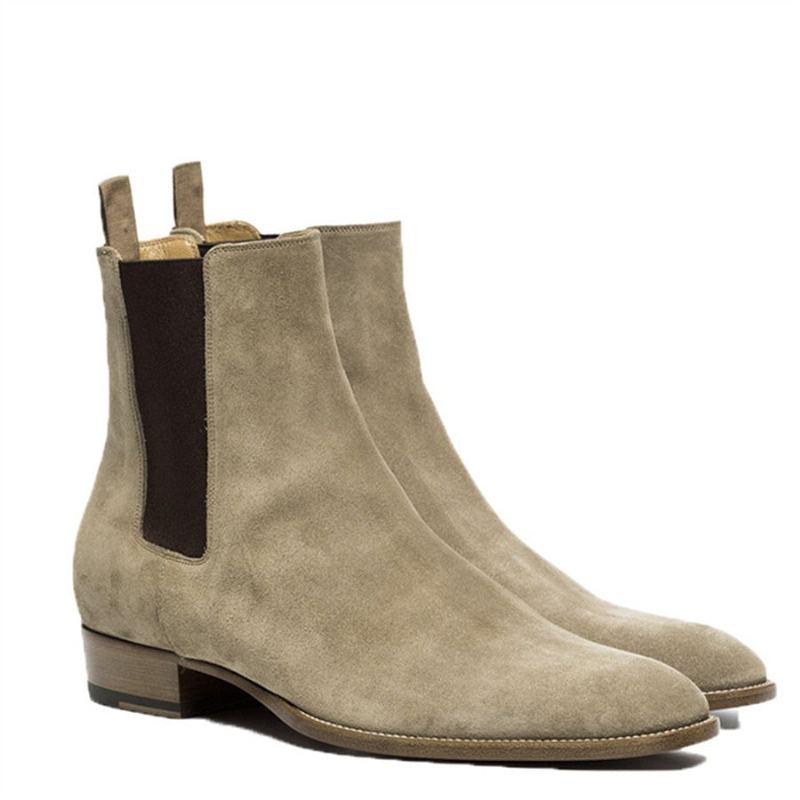 Jeune Tendance Charme Unique Coin Bout Pointu Fait À La Main Hiver Et Automne Classique Hommes Bottes De Luxe Chelsea - Kaki