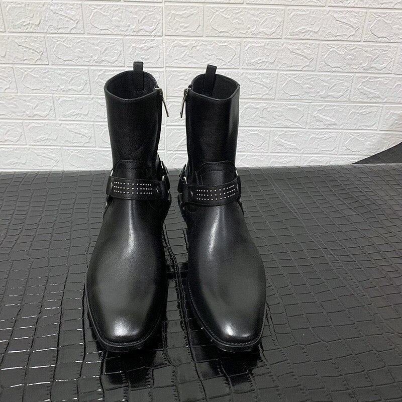 Rivets De Luxe Faits À La Main Pour Hommes Bottes Compensées Avec Sangle À Boucle De Chevalier En Denim Haut Harnais - Noir