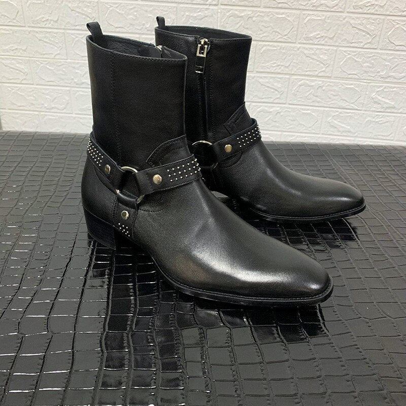 Rivets De Luxe Faits À La Main Pour Hommes Bottes Compensées Avec Sangle À Boucle De Chevalier En Denim Haut Harnais - Noir