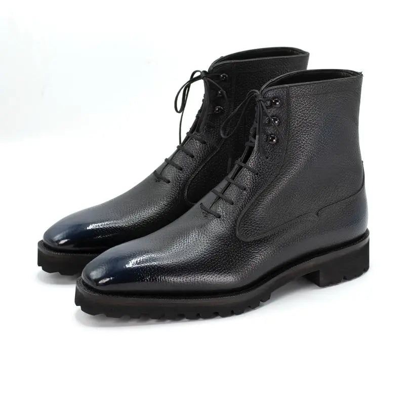 Solide Hiver Noir Hommes Bottes Chaussures De Travail Ajouter Velours Simple À Lacets En Cuir Véritable - Noir