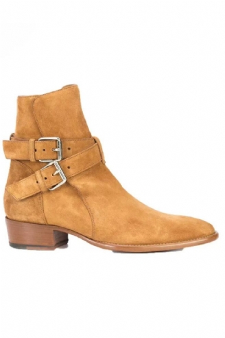 Style Britannique Double Sangles Boucle Tan Daim Bottines Bout Pointu Hommes Talon Carré Sans Lacet Bottes Chelsea