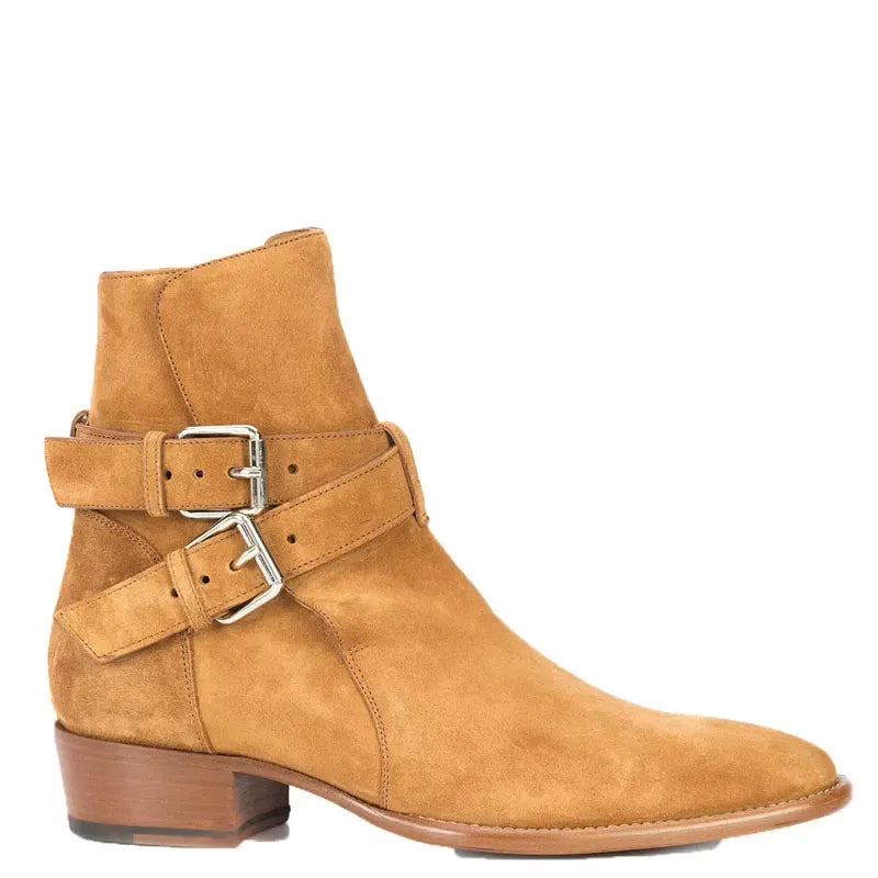 Style Britannique Double Sangles Boucle Tan Daim Bottines Bout Pointu Hommes Talon Carré Sans Lacet Bottes Chelsea - Marron