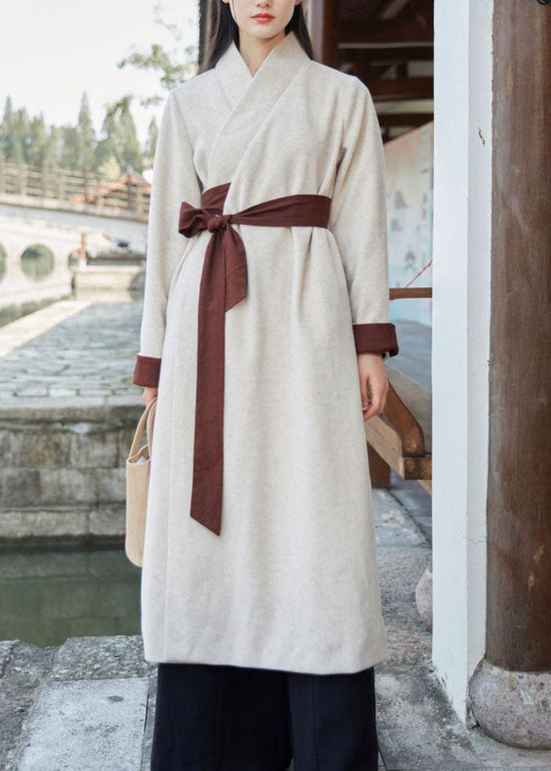 Art Blanc Col En V Patchwork Cravate Taille Robe En Laine Printemps - Manteaux d'hiver femmes