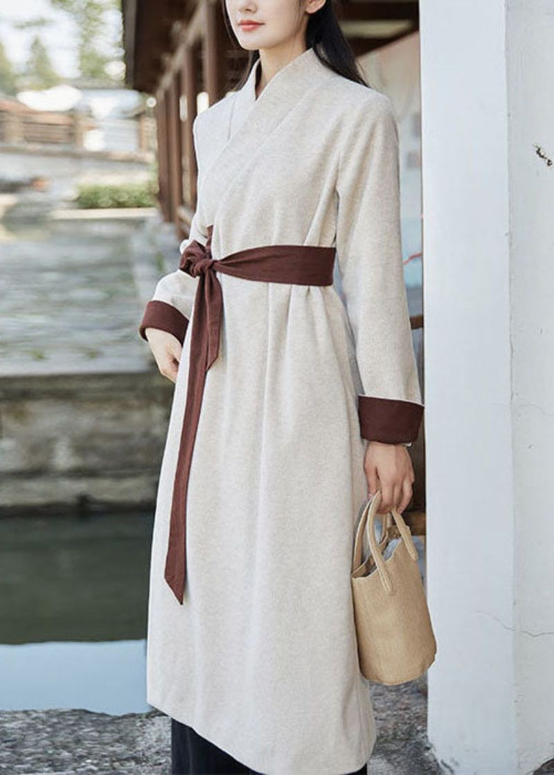 Art Blanc Col En V Patchwork Cravate Taille Robe En Laine Printemps - Manteaux d'hiver femmes