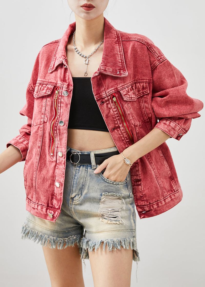 Art Brick Red Zip Up Vestes En Jean Oversize Automne