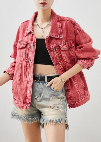 Art Brick Red Zip Up Vestes En Jean Oversize Automne