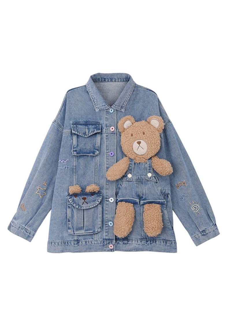 Art Denim Bleu Col Claudine Patchwork Petit Ours Bouton Manteaux Automne