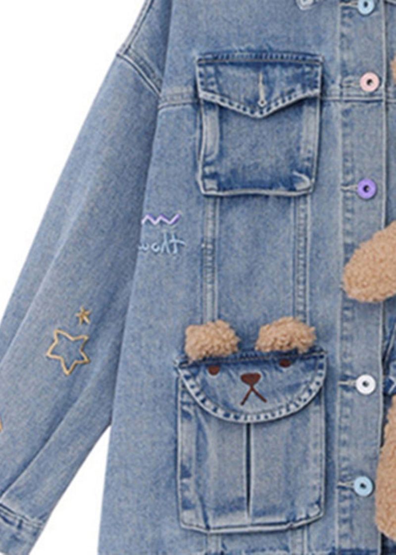 Art Denim Bleu Col Claudine Patchwork Petit Ours Bouton Manteaux Automne - Manteaux d'hiver femmes