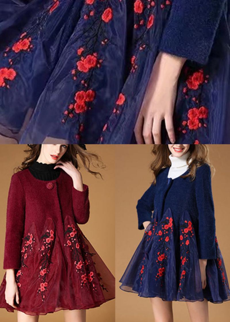 Art Navy Rétro Bouton Patchwork Floral Automne Manteaux En Laine - Mûrier