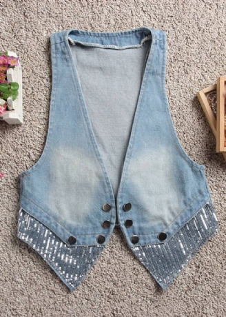 Art – Gilet En Jean Bleu Clair Avec Boutons Et Col En V Patchwork Automne