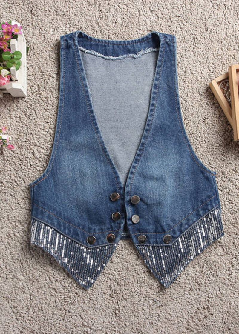 Art – Gilet En Jean Bleu Clair Avec Boutons Et Col En V Patchwork Automne - Bleu Clair