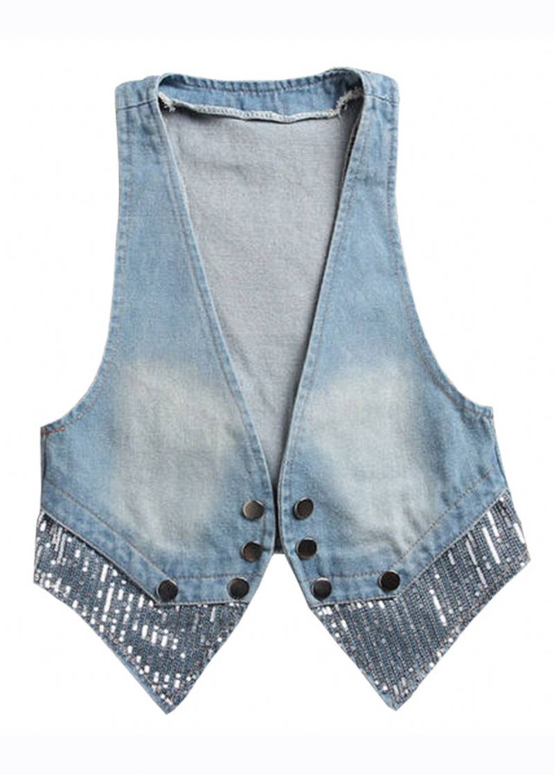 Art – Gilet En Jean Bleu Clair Avec Boutons Et Col En V Patchwork Automne - Bleu Clair