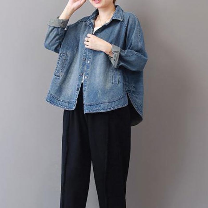 Automne Nouveau Décontracté Denim Bleu Coton Manteaux Courts Grande Taille Col À Revers Sauvage Hauts Manteau - Manteaux d'hiver femmes