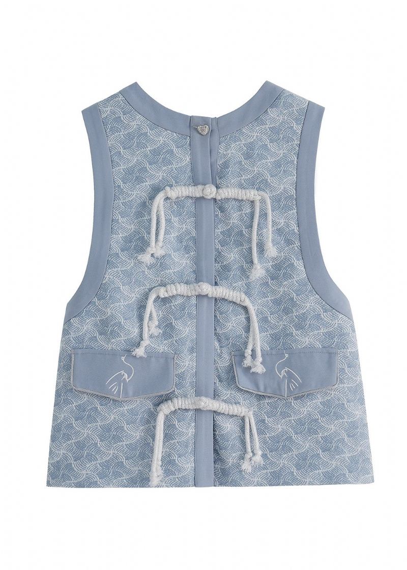 Beau Gilet Boutonné Imprimé Col Rond Bleu Royal Printemps - Manteaux d'hiver femmes