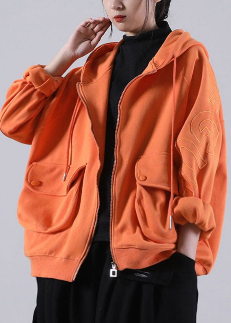 Beau Manteau D'automne À Capuche Orange Avec Poches Zippées Et Manches Longues