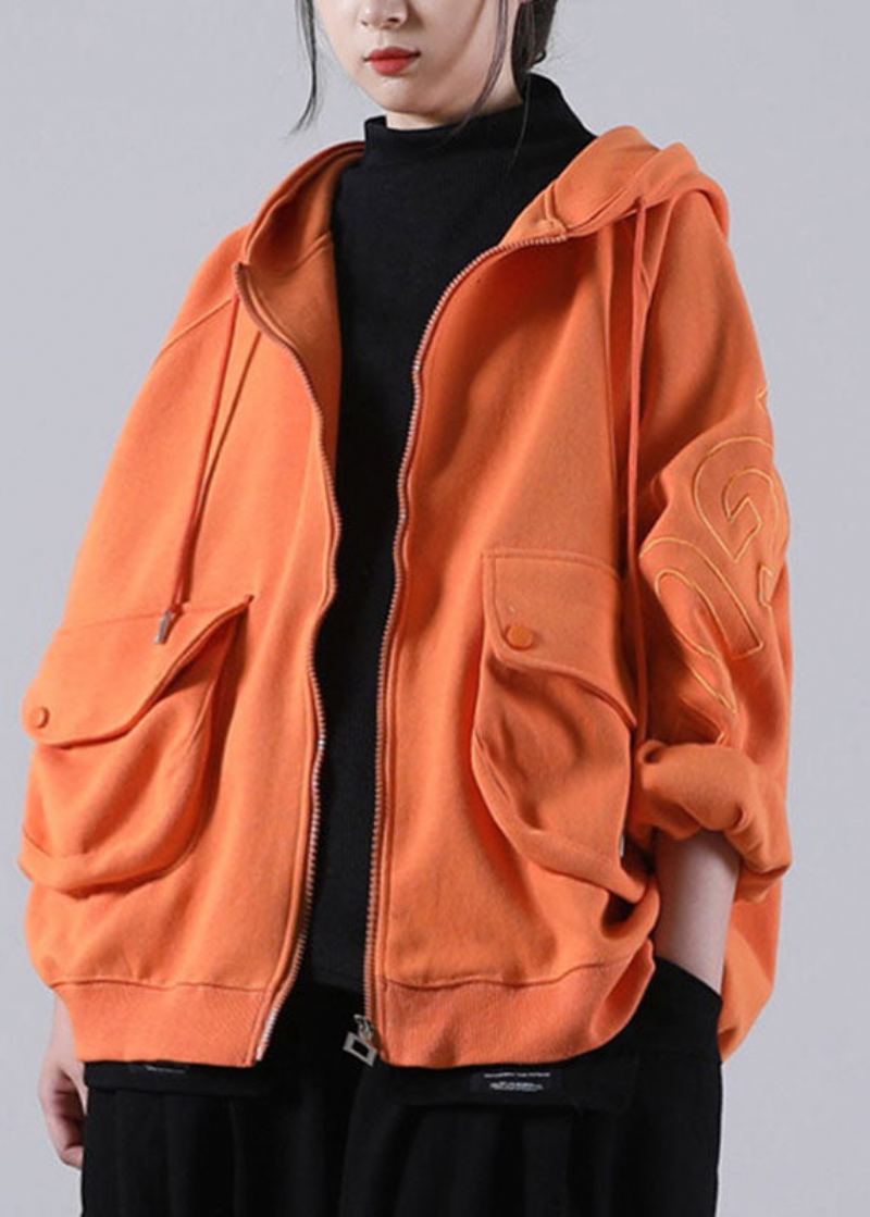 Beau Manteau D'automne À Capuche Orange Avec Poches Zippées Et Manches Longues - Manteaux d'hiver femmes