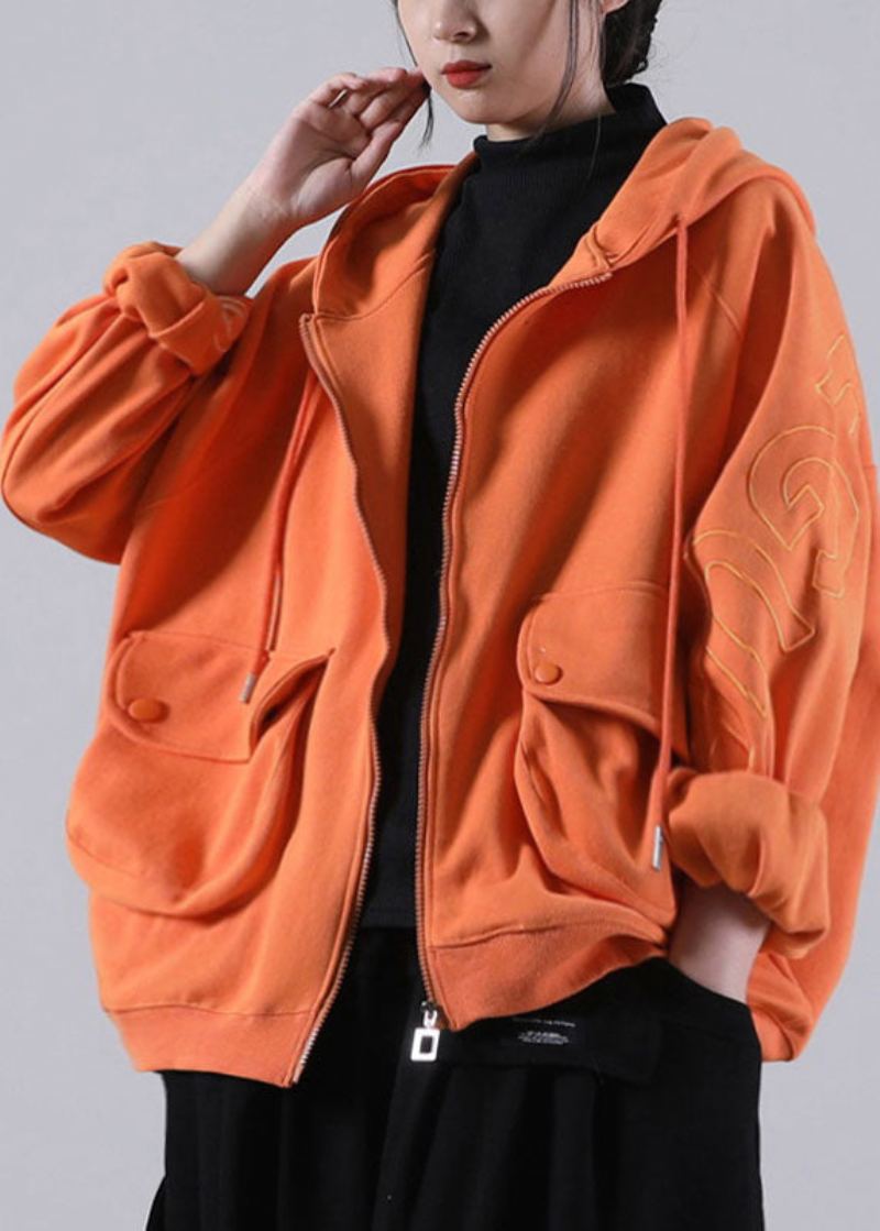 Beau Manteau D'automne À Capuche Orange Avec Poches Zippées Et Manches Longues - Manteaux d'hiver femmes