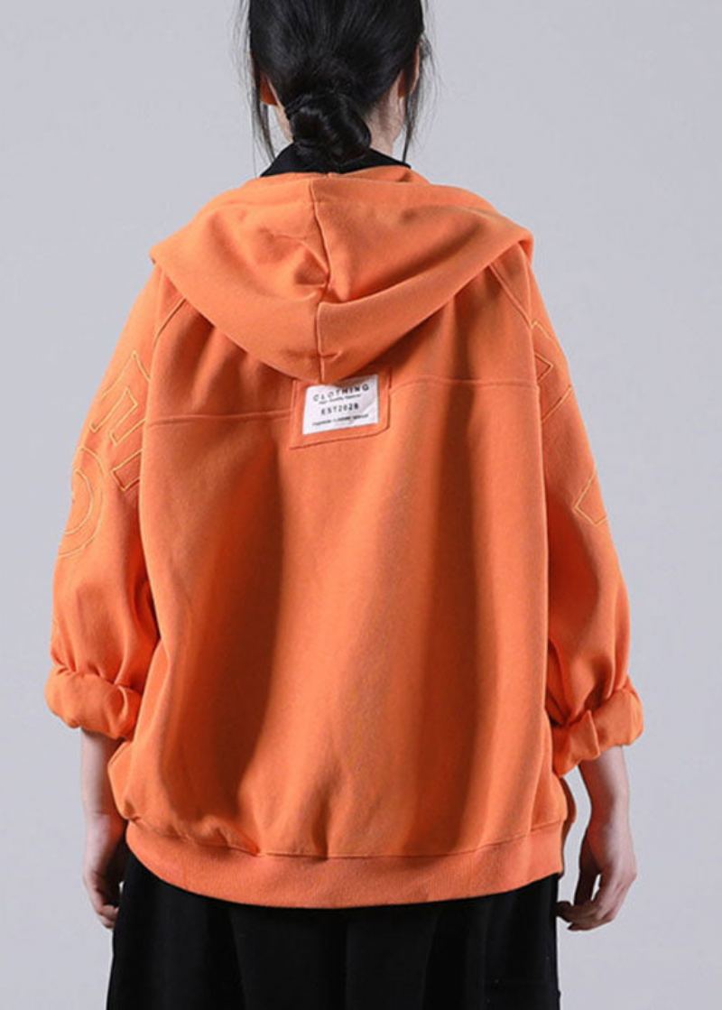 Beau Manteau D'automne À Capuche Orange Avec Poches Zippées Et Manches Longues - Manteaux d'hiver femmes