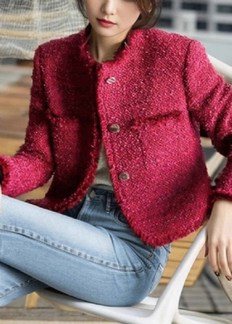 Beau Manteau En Coton Patchwork Rose À Col Rond Et Boutons Automne