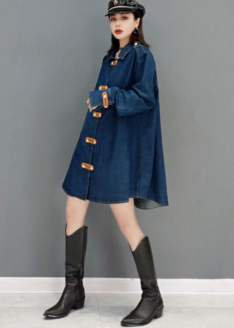 Beau Manteau Long En Denim De Coton À Col Peter Pan Bleu À Manches Longues - Manteaux d'hiver femmes