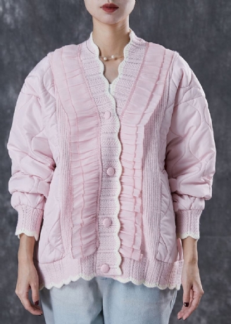 Beau Manteau Rose À Volants En Tricot Patchwork Rempli De Coton Fin Printemps