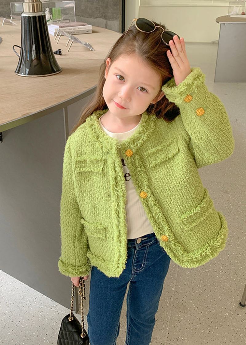 Beau Manteau Vert O Cou Bouton Patchwork Coton Filles Automne